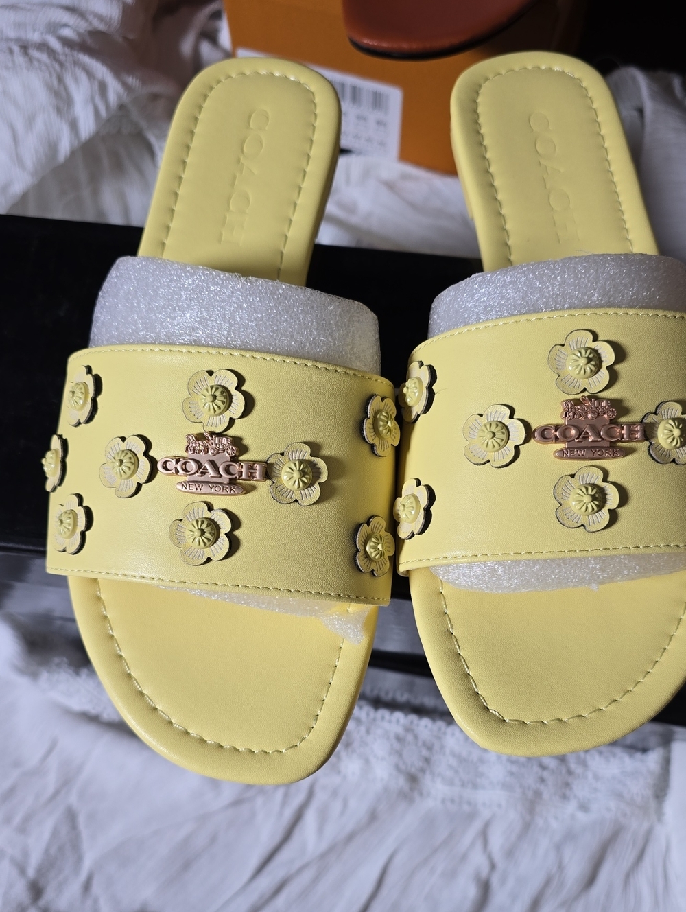 Coach Yellow Floral Appliqué Slide Sandals with Metallic Logo